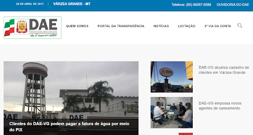 Site oficial da DAE de Várzea Grande. (Fonte: Captura de tela site oficial DAE-VG)